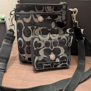Coach Black and Gray Signature Crossbody with Matching Wallet